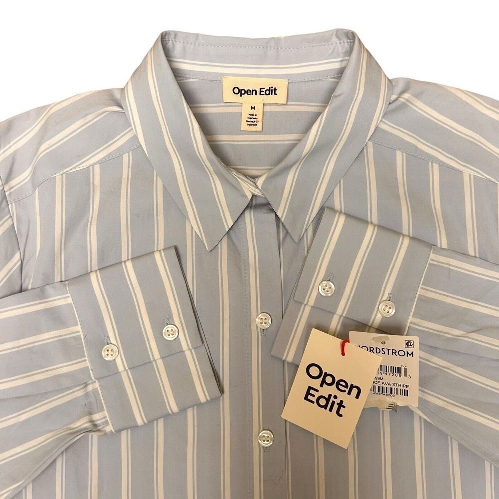 Open Edit Blue Ice Ava Stripe Women's Button Up Shirt Size Medium Nordstrom‎